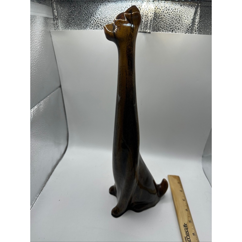 Vintage MCM Long Neck Dog‎ Figurine Ceramic Brown Drip Glaze Stylized 12 Inch